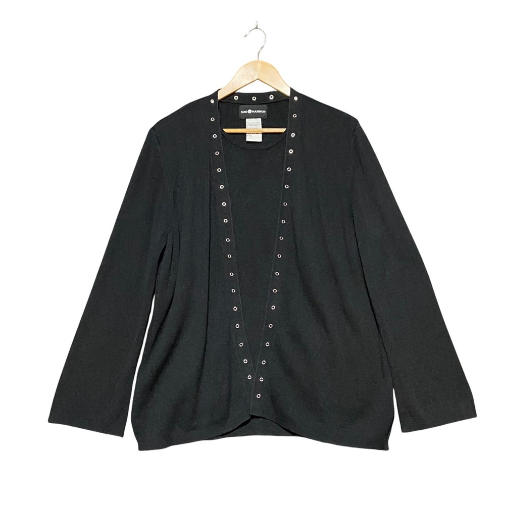 Sag Harbor Mock Twinset Sweater XL Black Grommet Trim Built-In Dark Academia